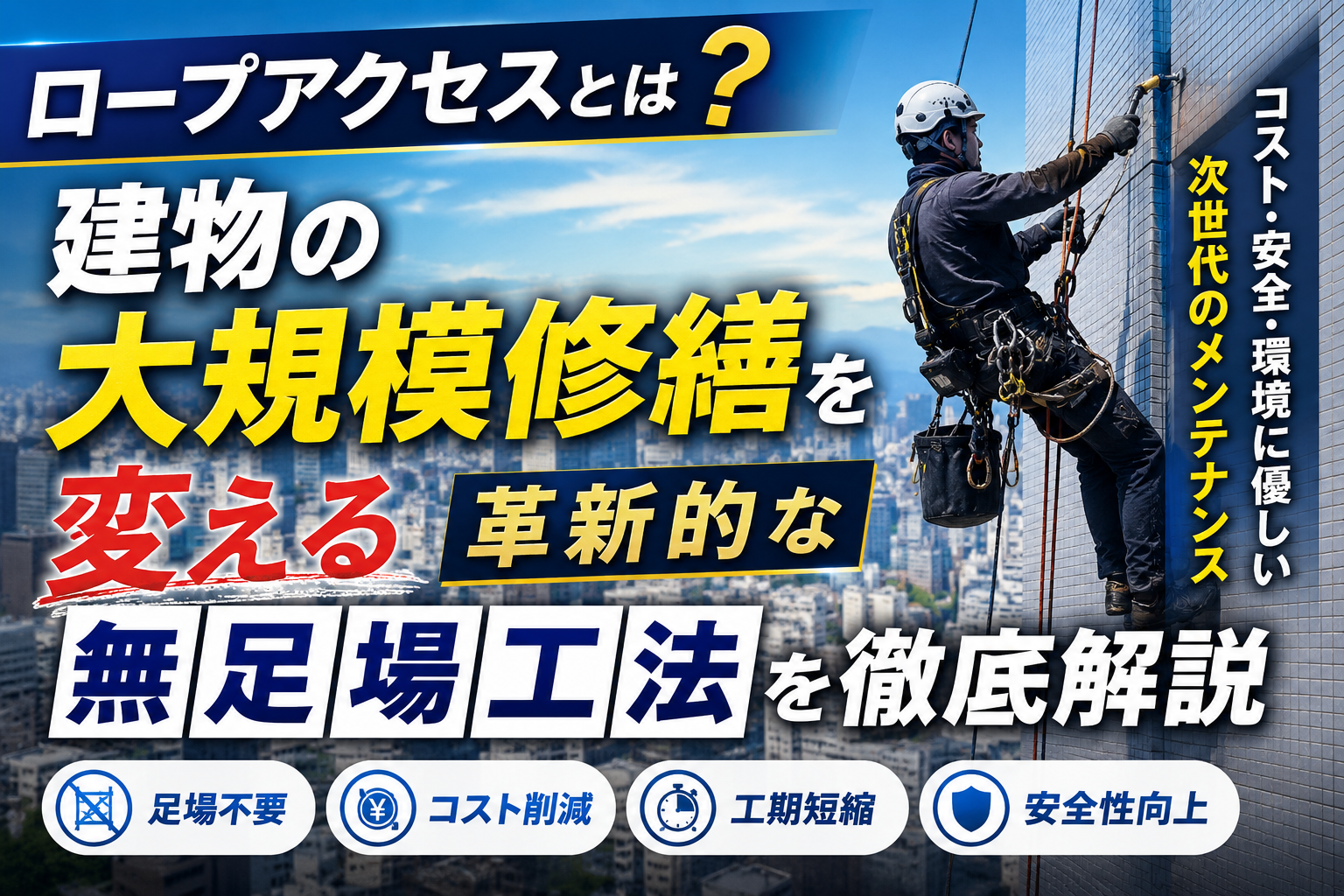 ロープアクセスとは？建物の大規模修繕を変える革新的な無足場工法を徹底解説