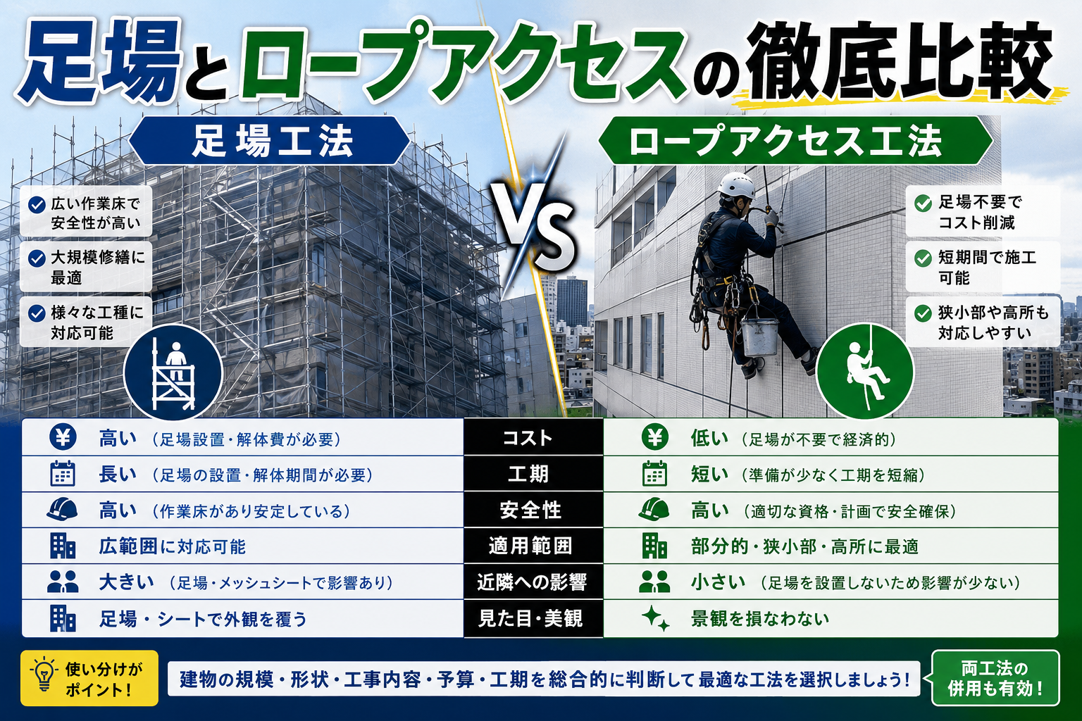 足場・ロープアクセス・ハイブリッド工法を徹底比較！大規模修繕で最適な工法の選び方
